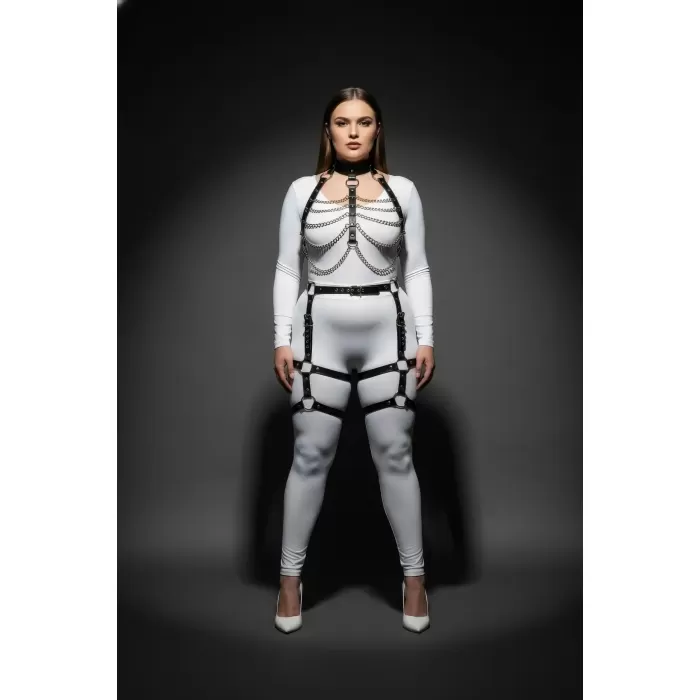 Büyük Beden Siyah Kadın Harness Takım Zincir Detaylı Jartiyerli Deri Set - APFT1262