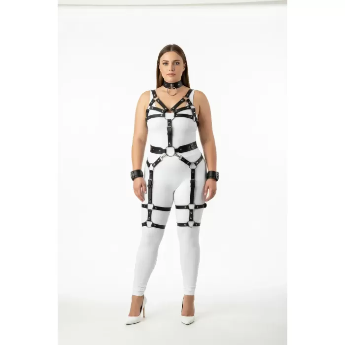 Büyük Beden Siyah Kadın Harness Takım Full Body Jartiyerli Deri Aksesuar - APFT1267