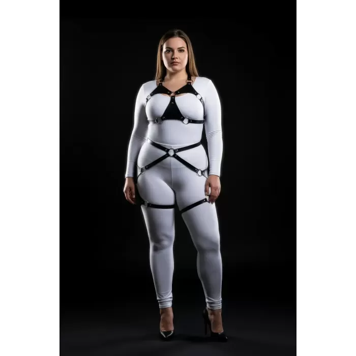 Büyük Beden Siyah Kadın Deri Harness Takım Halka Detaylı Jartiyerli - APFT1272