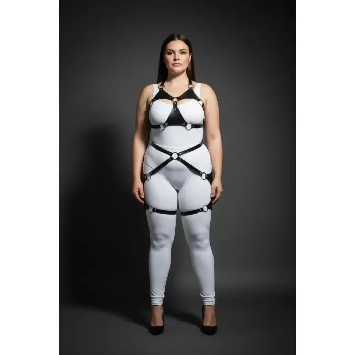 Büyük Beden Siyah Kadın Deri Harness Takım Halka Detaylı Jartiyerli - APFT1272