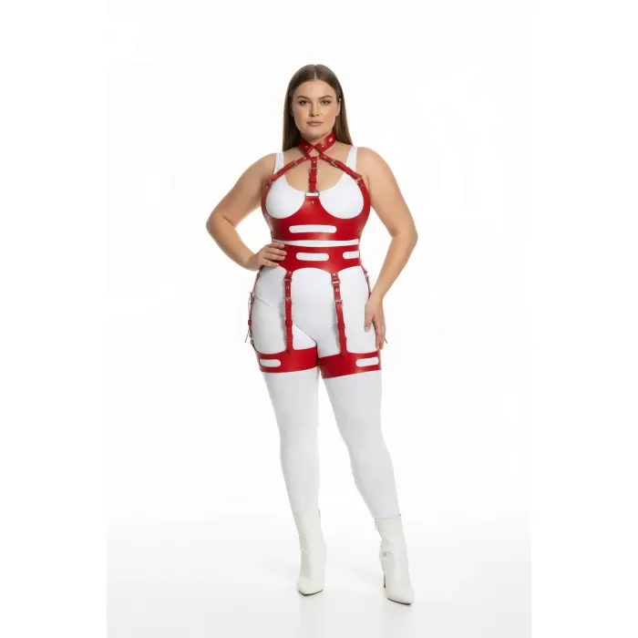 Büyük Beden Kırmızı Kadın Harness Takım Seksi Fantezi Deri Jartiyer Detaylı - APFT1302
