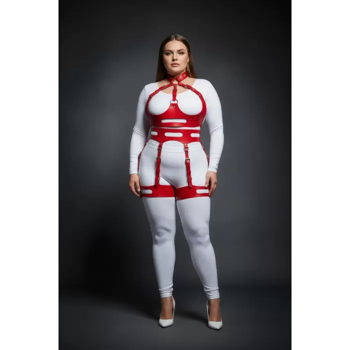 Büyük Beden Kırmızı Kadın Harness Takım Seksi Fantezi Deri Jartiyer Detaylı - APFT1302