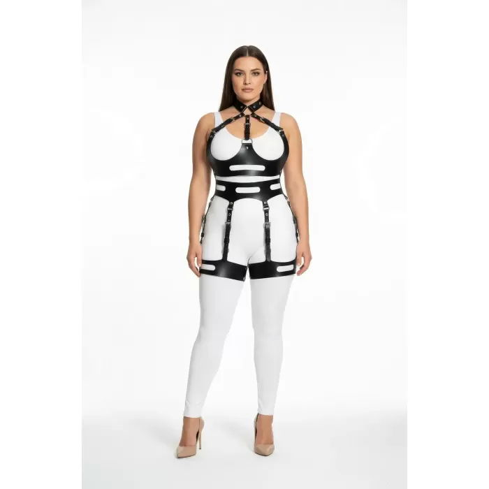 Büyük Beden Siyah Kadın Deri Harness Takım Halka Detaylı Vücut Aksesuarı - APFT1302
