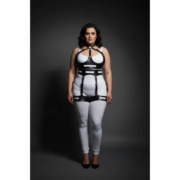 Büyük Beden Siyah Kadın Deri Harness Takım Halka Detaylı Vücut Aksesuarı - APFT1302