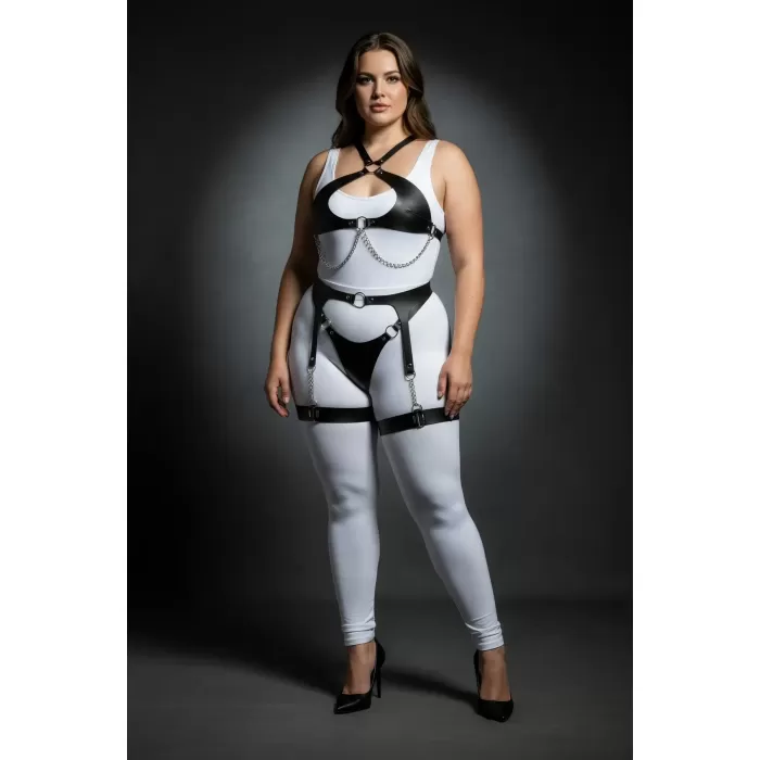 Büyük Beden Siyah Kadın Harness Takım Zincir Detaylı Jartiyerli Vücut Aksesuarı - APFT1330