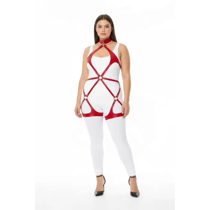 Büyük Beden Kırmızı Kadın Deri Harness Takım Halka Detaylı Fantezi Vücut Aksesuarı - APFT1331