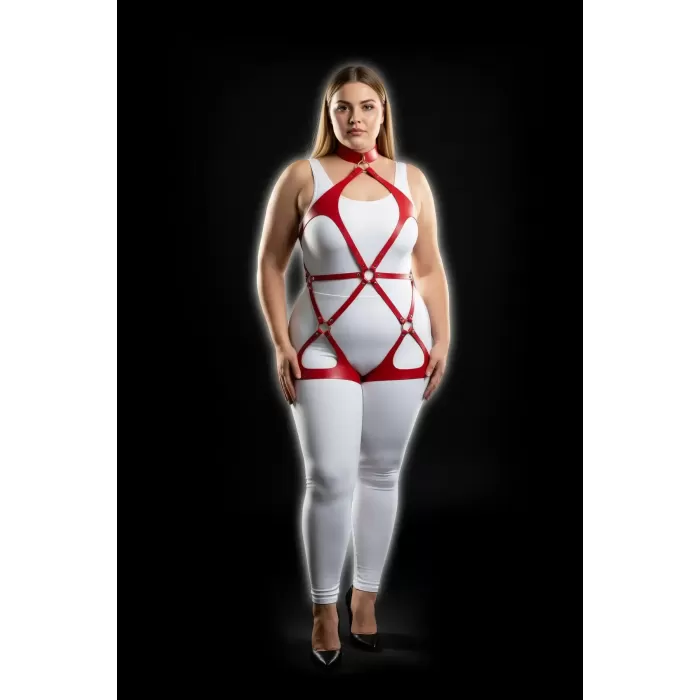 Büyük Beden Kırmızı Kadın Deri Harness Takım Halka Detaylı Fantezi Vücut Aksesuarı - APFT1331