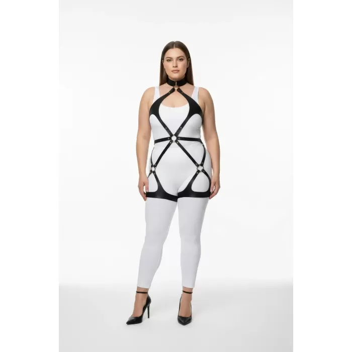 Büyük Beden Siyah Kadın Deri Full Body Harness Takım Günlük ve Fantezi Kombin Aksesuarı - APFT1331