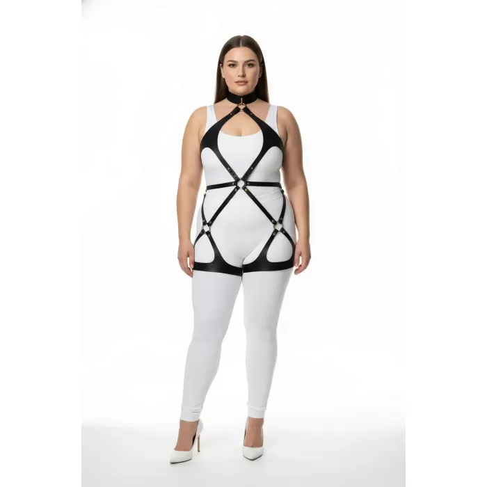 Büyük Beden Siyah Kadın Deri Full Body Harness Takım Günlük ve Fantezi Kombin Aksesuarı - APFT1331