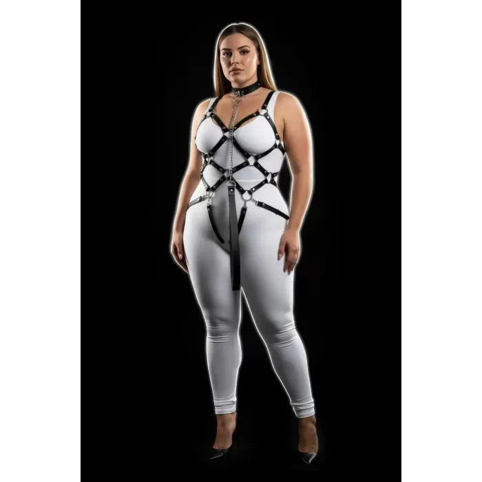 Büyük Beden Siyah Kadın Full Body Deri Harness Takım Zincir Detaylı - APFT1350
