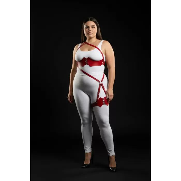 Büyük Beden Kırmızı Kadın Deri Harness Takım Jartiyer Detaylı Fantazi Aksesuar - APFT1372