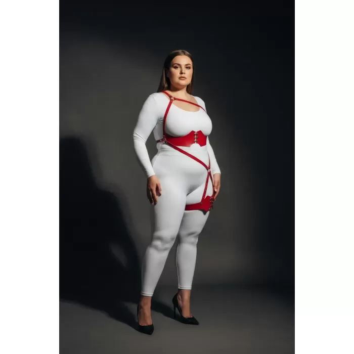 Büyük Beden Kırmızı Kadın Deri Harness Takım Jartiyer Detaylı Fantazi Aksesuar - APFT1372