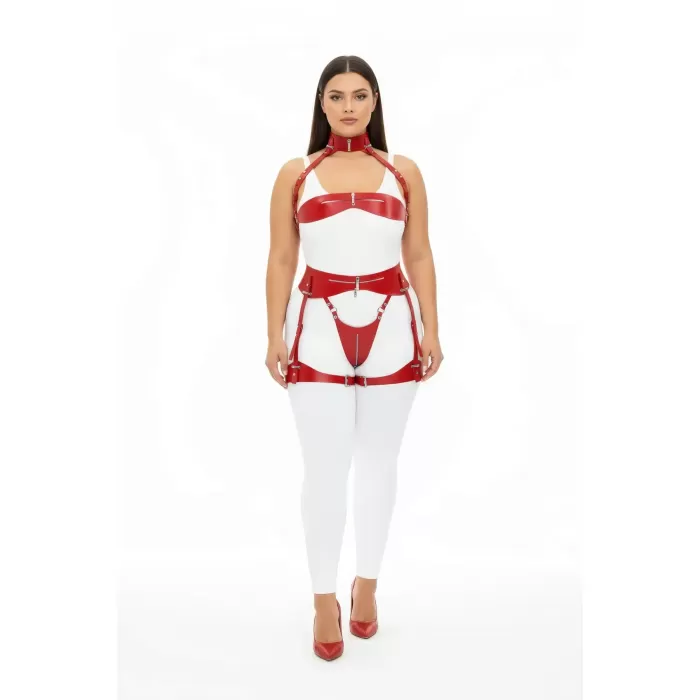 Büyük Beden Kırmızı Kadın Deri Harness Takım Jartiyerli Fantazi Aksesuar - APFT1373