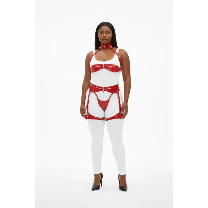 Büyük Beden Kırmızı Kadın Deri Harness Takım Jartiyerli Fantazi Aksesuar - APFT1373