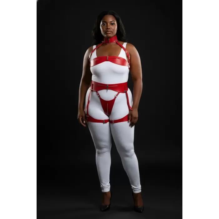 Büyük Beden Kırmızı Kadın Deri Harness Takım Jartiyerli Fantazi Aksesuar - APFT1373