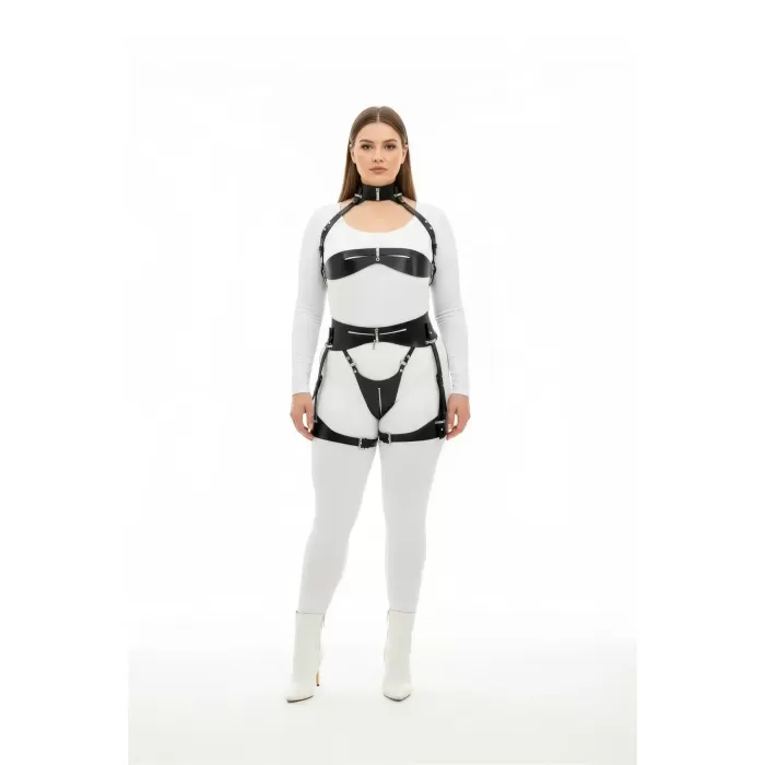 Büyük Beden Siyah Kadın Deri Harness Takım Jartiyerli Fantezi Vücut Aksesuarı - APFT1373