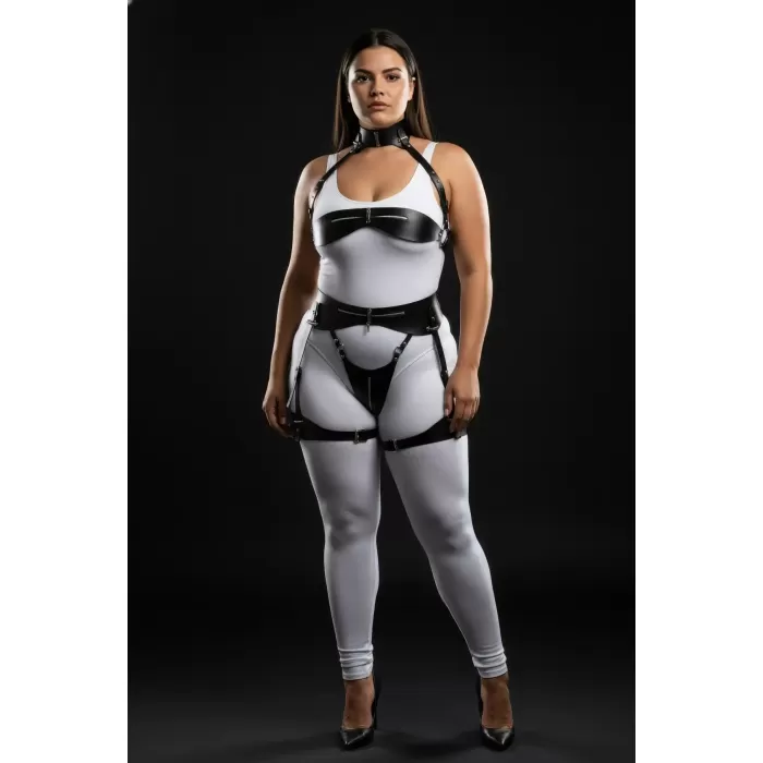 Büyük Beden Siyah Kadın Deri Harness Takım Jartiyerli Fantezi Vücut Aksesuarı - APFT1373