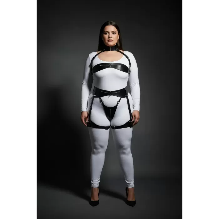 Büyük Beden Siyah Kadın Deri Harness Takım Jartiyerli Fantezi Vücut Aksesuarı - APFT1373