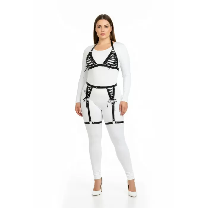 Büyük Beden Siyah Kadın Deri Harness Takım Jartiyerli ve Bağcıklı Fantezi Kombin - APFT1389