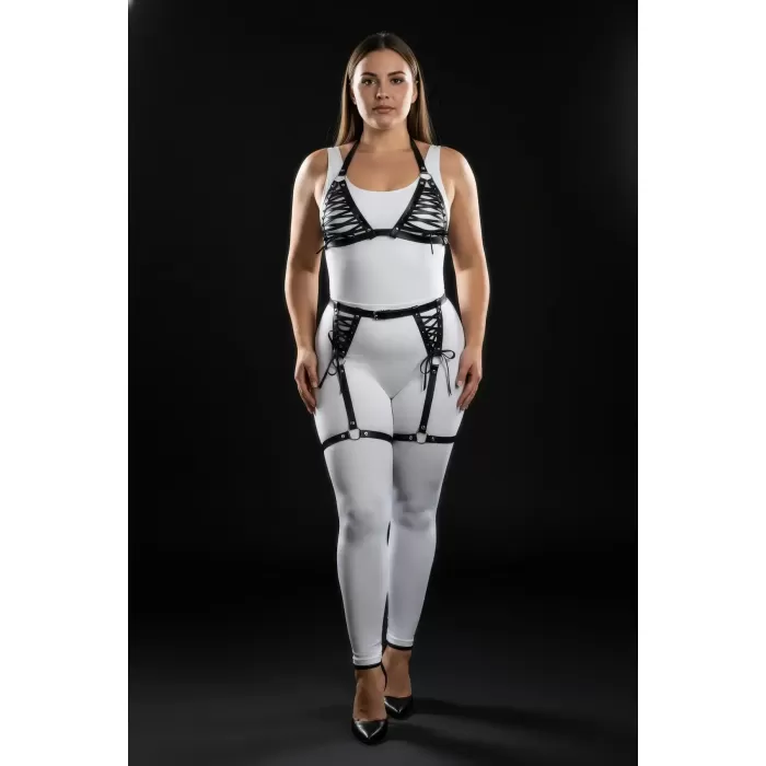 Büyük Beden Siyah Kadın Deri Harness Takım Jartiyerli ve Bağcıklı Fantezi Kombin - APFT1389