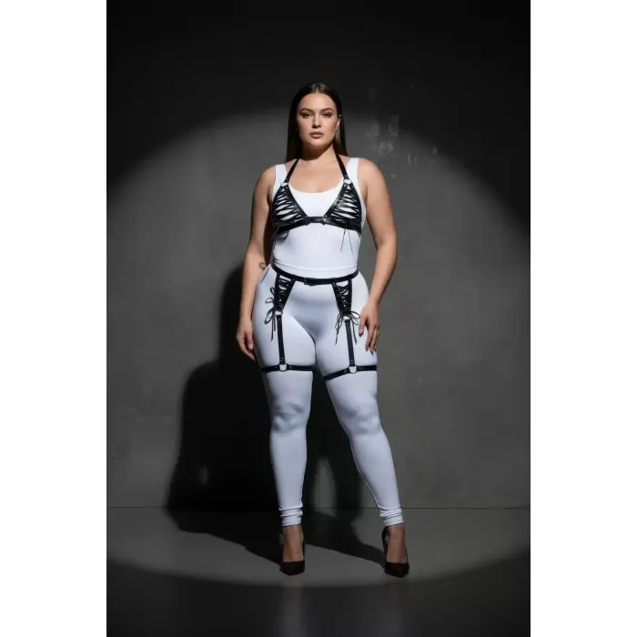 Büyük Beden Siyah Kadın Deri Harness Takım Jartiyerli ve Bağcıklı Fantezi Kombin - APFT1389