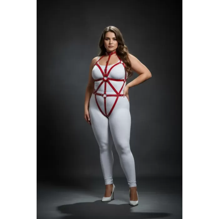 Büyük Beden Kırmızı Kadın Deri Harness Takım Fantazi Vücut Aksesuarı - APFT243