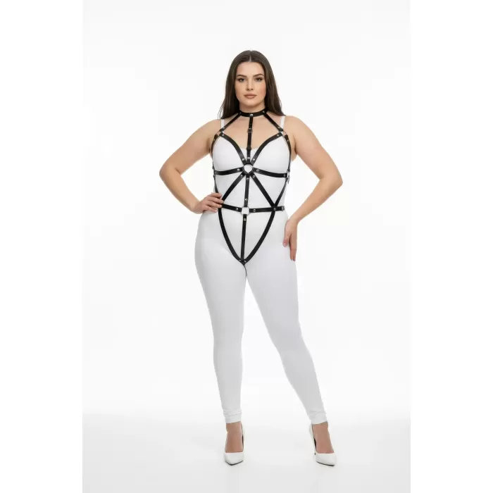 Büyük Beden Siyah Kadın Harness Takım Vücudu Saran Halka Detaylı Deri - APFT243