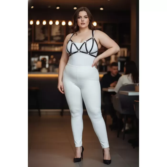 Büyük Beden Siyah Kadın Deri Sütyen Harness Takım Şık Aksesuarı - APFT111