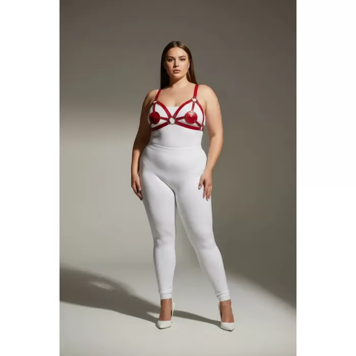 Büyük Beden Kırmızı Kadın Harness Takım Deri Halka Detaylı Fantezi Aksesuar - APFT112