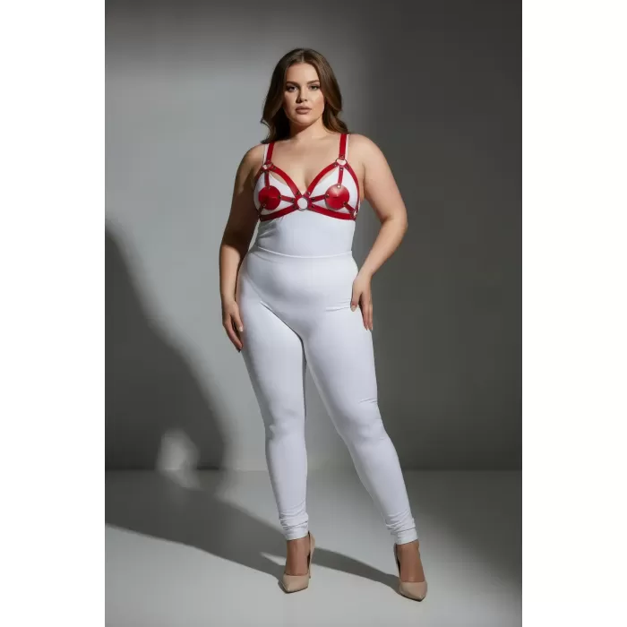 Büyük Beden Kırmızı Kadın Harness Takım Deri Halka Detaylı Fantezi Aksesuar - APFT112