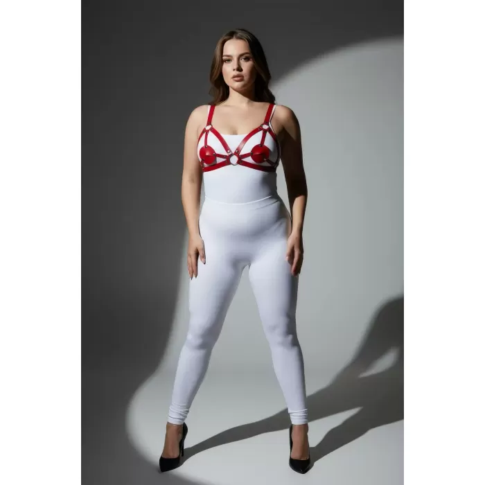 Büyük Beden Kırmızı Kadın Harness Takım Deri Halka Detaylı Fantezi Aksesuar - APFT112