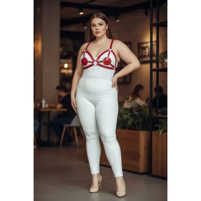 Büyük Beden Kırmızı Kadın Harness Takım Deri Halka Detaylı Fantezi Aksesuar - APFT112