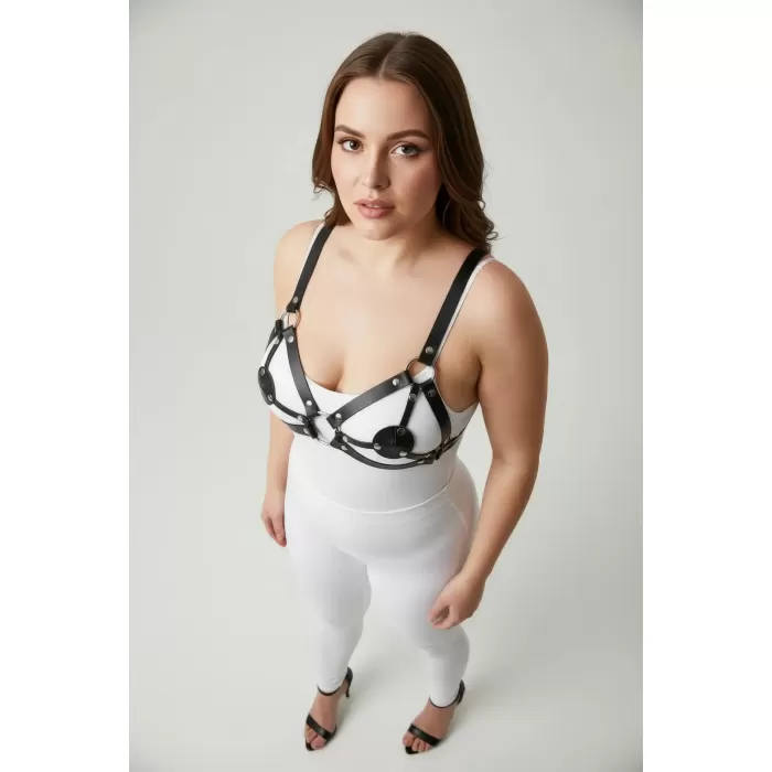 Büyük Beden Siyah Kadın Deri Sütyen Harness Takım Halkalı Detaylı Fantezi Aksesuar - APFT112