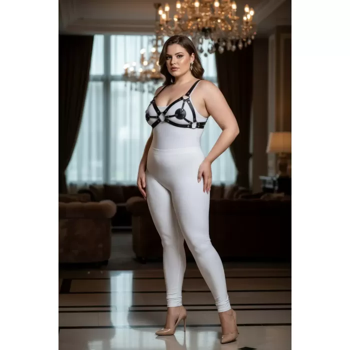 Büyük Beden Siyah Kadın Deri Sütyen Harness Takım Halkalı Detaylı Fantezi Aksesuar - APFT112