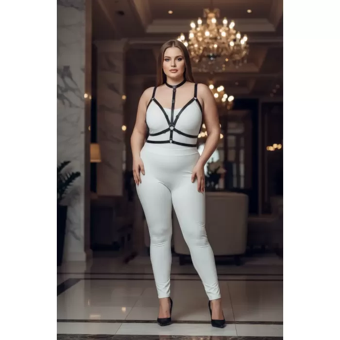 Büyük Beden Siyah Kadın Harness Takım Lastik Halka Detaylı Fantezi Aksesuar - APFT137