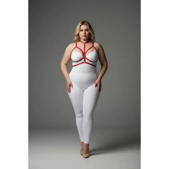 Büyük Beden Kırmızı Kadın Lastik Harness Takım Ayarlanabilir Şık Vücut Aksesuarı - APFT143