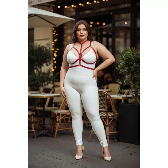 Büyük Beden Kırmızı Kadın Lastik Harness Takım Ayarlanabilir Şık Vücut Aksesuarı - APFT143