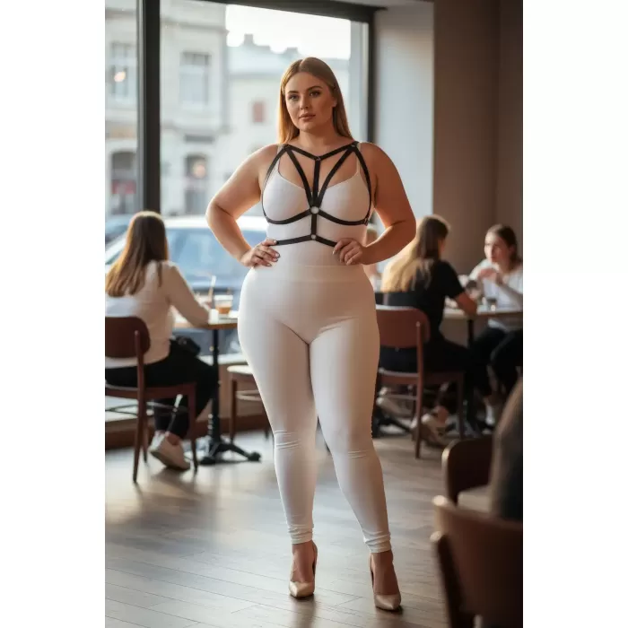 Büyük Beden Siyah Kadın Lastik Harness Halka Detaylı Şık Vücut Aksesuarı - APFT163