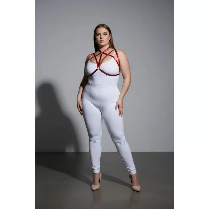 Büyük Beden Kırmızı Kadın Harness Takım Halka Detaylı Lastik Fantezi Aksesuar - APFT166