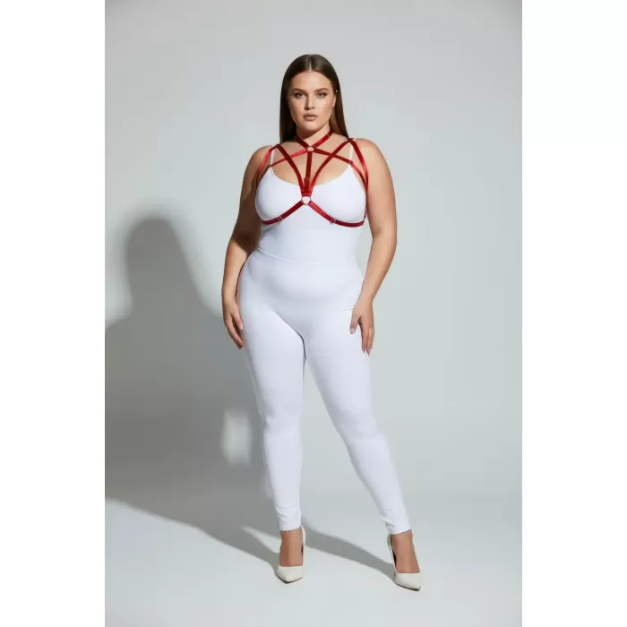 Büyük Beden Kırmızı Kadın Harness Takım Halka Detaylı Lastik Fantezi Aksesuar - APFT166