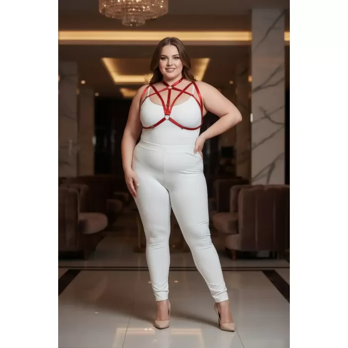 Büyük Beden Kırmızı Kadın Harness Takım Halka Detaylı Lastik Fantezi Aksesuar - APFT166