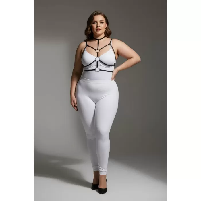 Büyük Beden Siyah Kadın Harness Halka ve Boyunluk Detaylı Lastik Aksesuar - APFT184