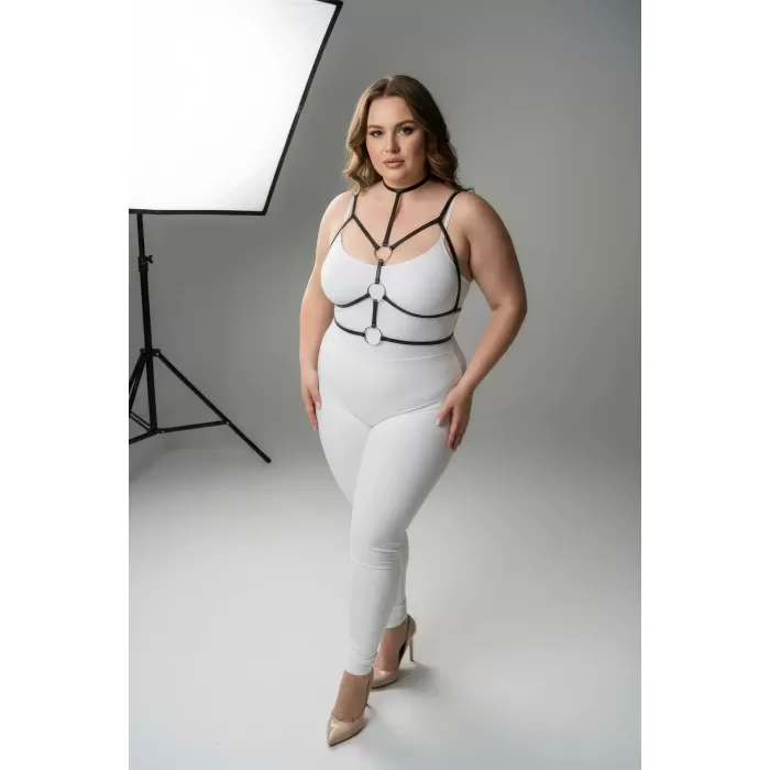 Büyük Beden Siyah Kadın Harness Halka ve Boyunluk Detaylı Lastik Aksesuar - APFT184