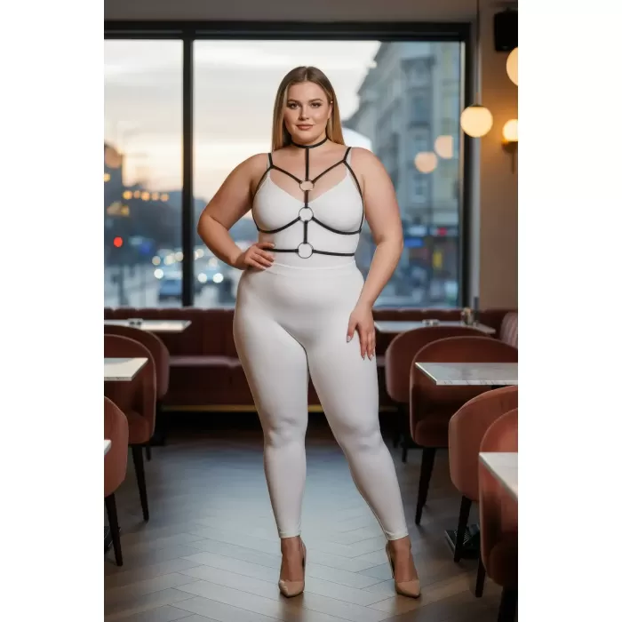 Büyük Beden Siyah Kadın Harness Halka ve Boyunluk Detaylı Lastik Aksesuar - APFT184