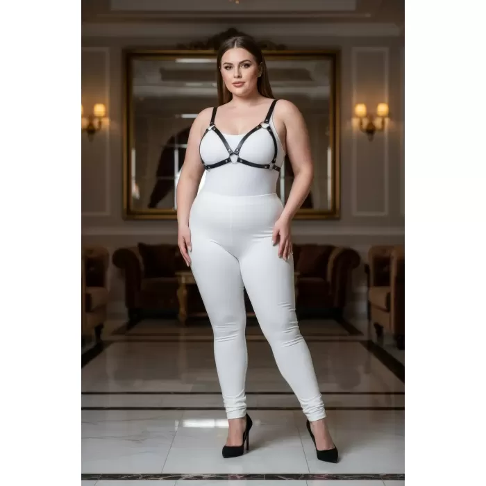 Büyük Beden Siyah Kadın Deri Harness Takım Halka Detaylı Sütyen Aksesuarı - APFT190