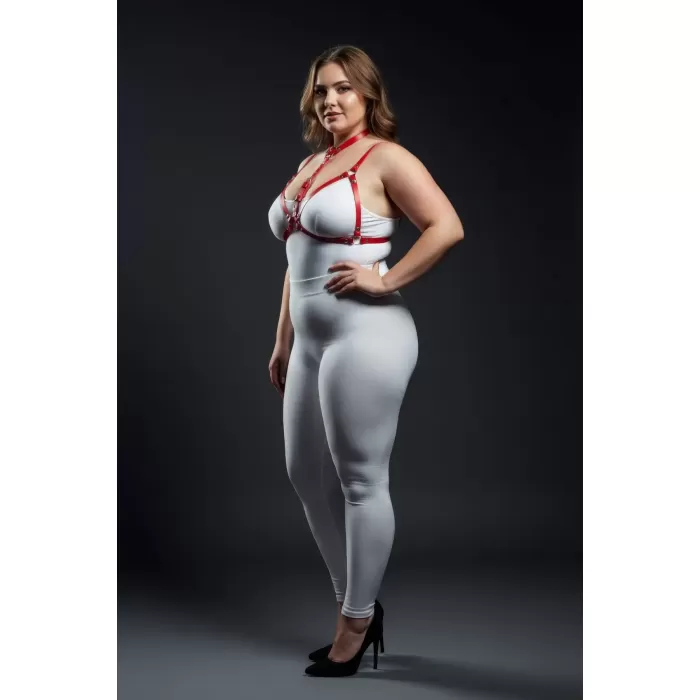 Büyük Beden Kırmızı Kadın Deri Harness Takım Seksi Vücut Aksesuarı - APFT197