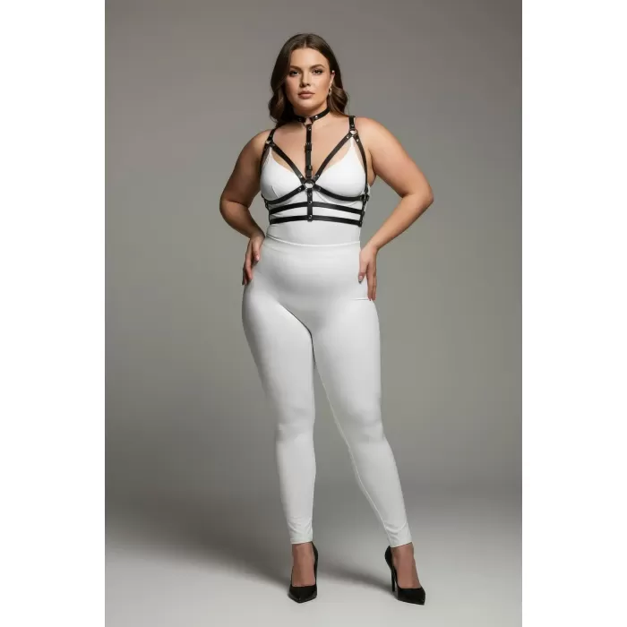 Büyük Beden Siyah Kadın Deri Harness Takım Boyunluklu Halka Detaylı - APFT235