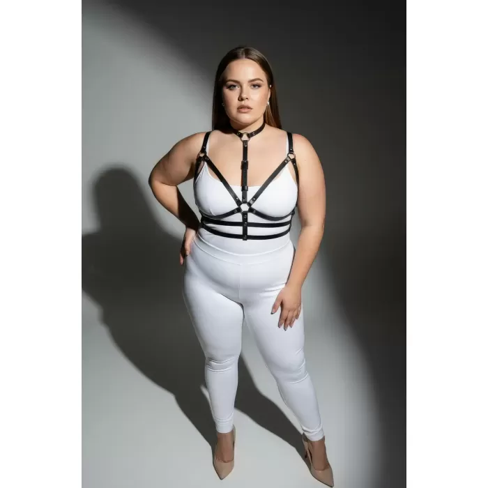Büyük Beden Siyah Kadın Deri Harness Takım Boyunluklu Halka Detaylı - APFT235
