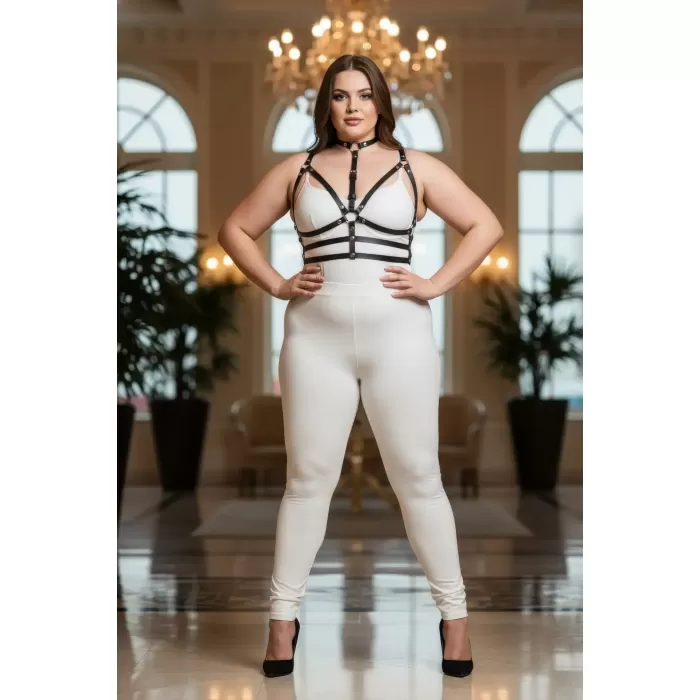 Büyük Beden Siyah Kadın Deri Harness Takım Boyunluklu Halka Detaylı - APFT235