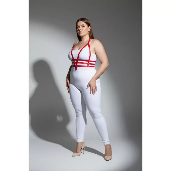 Büyük Beden Kırmızı Kadın Harness Takım Ayarlanabilir Deri Vücut Aksesuarı - APFT237